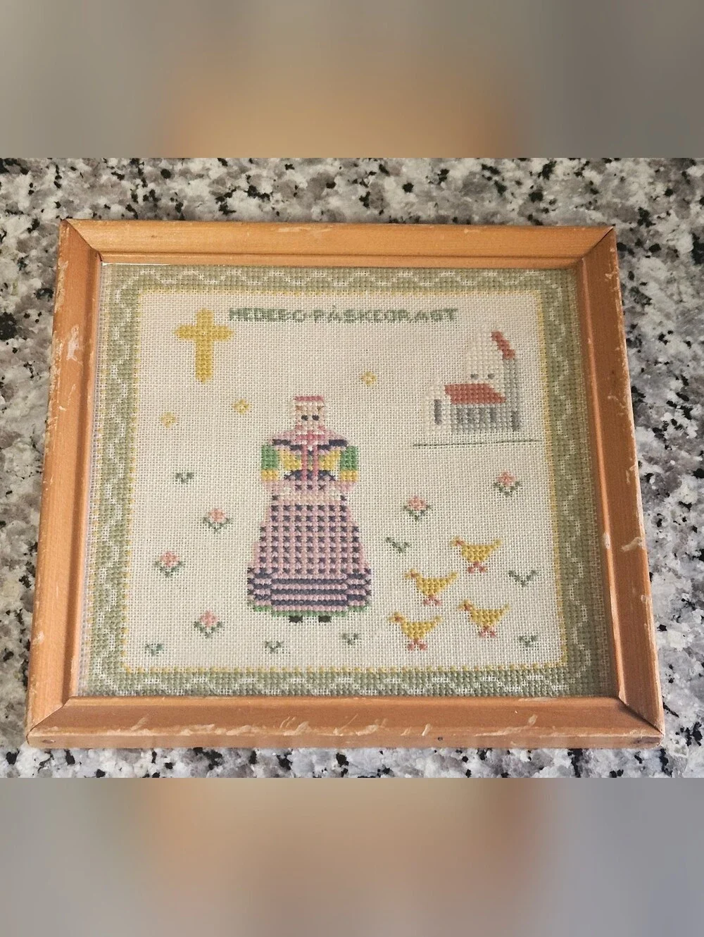 VTG Danish Scandinavian Cross Stitch Easter Church Needlepoint Framed Folk Art